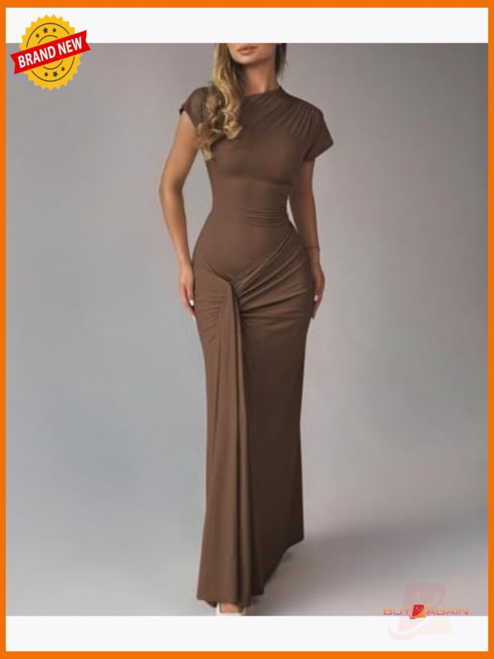 Bodycon Maxi Dress Mock Neck Lace Up Bandage Ruched Short Sleeve Cocktail Dress - Picture 3 of 7
